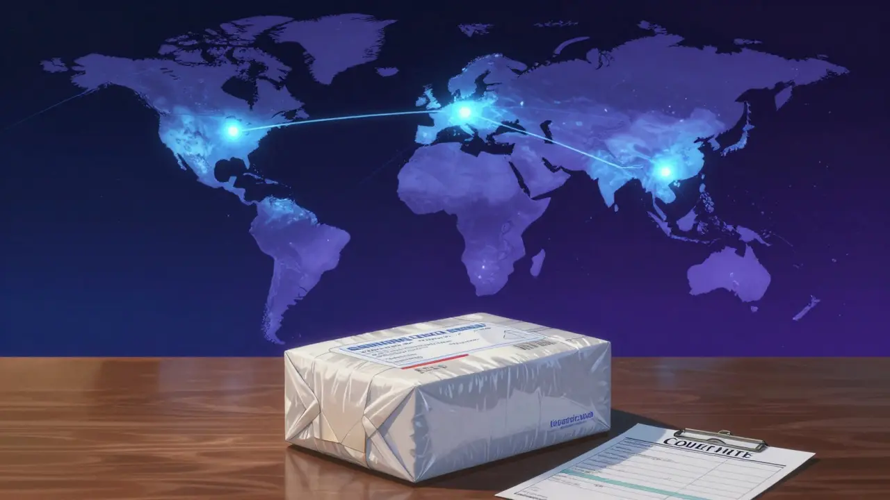 Anime style depiction of a global medicine shipment and a medical prescription