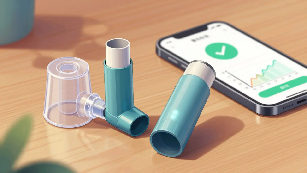 Anime style image of an inhaler with a spacer and a smart inhaler next to a phone.