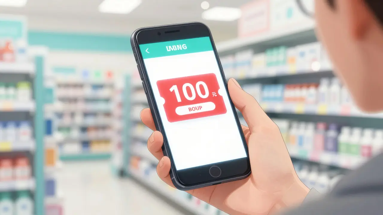 Close-up anime style hand holding a smartphone with a digital pharmacy discount coupon.