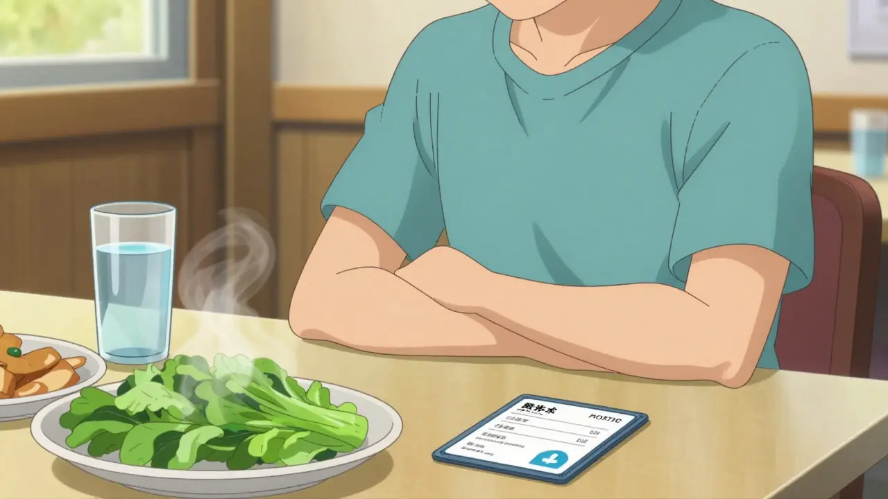 Patient dining safely with medical alert card nearby.